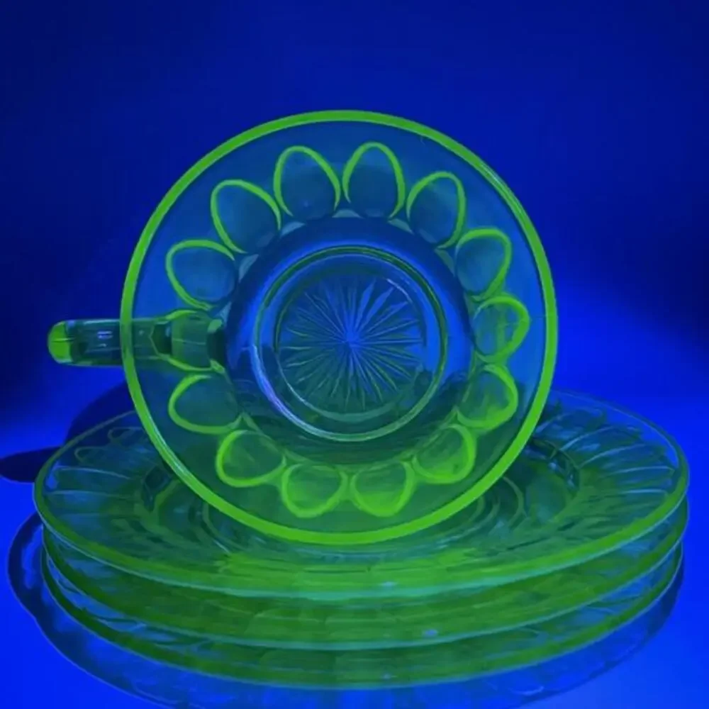 VTG Bartlett Collins Twitch Green Uranium Glass Cups Saucers Lot 10